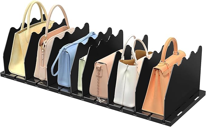 SOYO Adjustable Clear Purse Organizers for Closet, Acrylic Shelf Divider for Bag and Purse Storage, Clear Pocketbook and Handbag Organizer, Bookshelf Separator Organizers for House, Office Use, Black