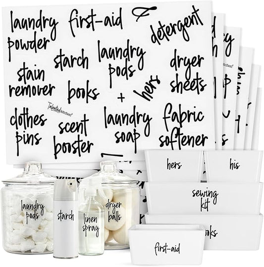 Talented Kitchen Laundry Labels for Jars & Containers - 141 Count, White Vinyl, Modern Script - Laundry Room Organization & Kitchen Organization with Food Container Labels and Water-Resistant Adhesive