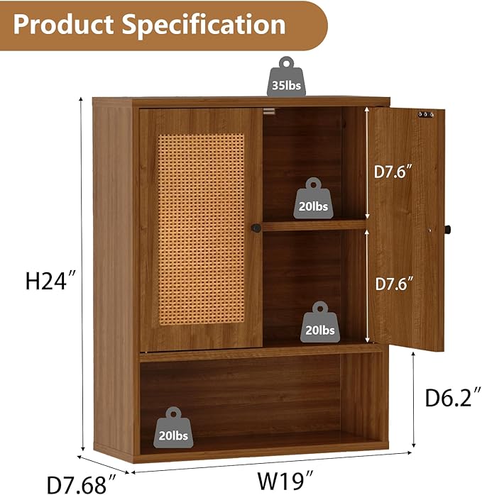 Bathroom Storage Cabinet,Rattan Cabinet Boho Chic Medicine Cabinet Over The Toilet Storage 3-Tier Cabinet Wall Mount with Double-Door for Kitchen,Dining Room,Living Room 19 x 7.68 x 24 in