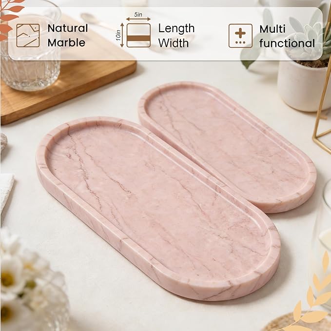 Natural Marble Tray, Pink Stone Tray, Vanity Decorative Tray for Countertop, Catchall for Perfume, Candles, Skincare, Jewelry Dish, Bathroom Tray, Hotel Supplies
