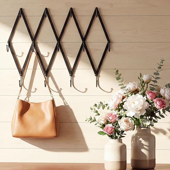 Kathfly Vintage Accordion Wall Hanger Folding Hand Forged Iron Accordion Rack Metal Expending Hat Coat Rack Wall Hook for Towels, Hats, Mugs, Bags, Stockings (13 Hooks,Black)