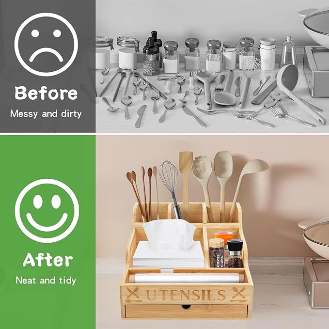 Kitchen Utensil Holder with Drawer, Farmhouse Spatula Organizer for Countertop,Large Capacity Flatware Spoon Forks Knives Cooking Tool Cutlery Holder for Party Picnic BBQ with 11 Compartments (Wood)