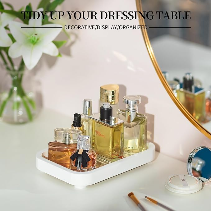 Hanobe Bathroom Vanity Perfume Tray: White Decorative Dresser for Women - Wood Stand Riser Rectangular for Home Decor - Pedestal Counter Display