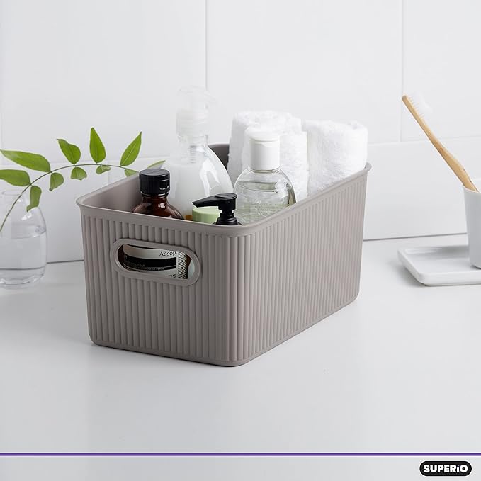 Superio Ribbed Collection - Decorative Plastic Basket Open Home Storage Bins Organizer, Medium Taupe (6 Pack) Container Boxes for Organizing Closet Storage Bins for Shelves Drawer Shelf 5 Liter