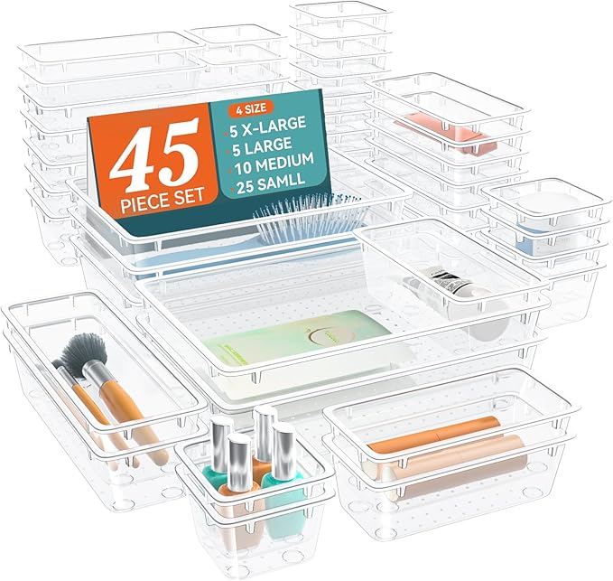45 PCS Clear Plastic Drawer Organizers Set, 4-Size Versatile Bathroom and Vanity Drawer Organizer Trays, Storage Bins for Makeup, Bedroom, Kitchen Gadgets Utensils and Office
