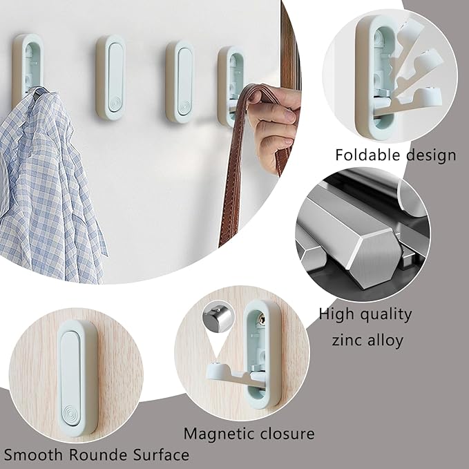4Pcs Folding Coat Hooks, Heavy Duty Foldable Hooks Made of Zinc Alloy, Foldable Wall Hooks for Bathroom, Closet, Entryway, Pool and Kitchen are Coat, Backpack, Key Storage Solutions(White)