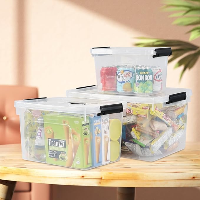 6 Quart Clear Organizer Bin with Lid Set of 4, Plastic Latching Storage Box
