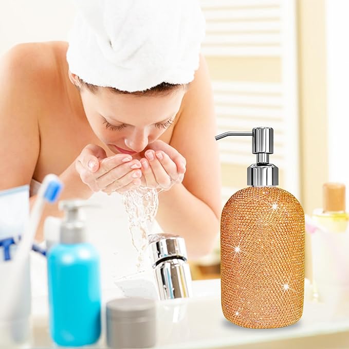 SlowVibes 18Oz Bling Gold Soap Dispenser with Rust Proof Stainless Steel Pump,Refillable Liquid Hand Wash Bottle for Bathroom Kitchen,Sparkle Decorative Shower Dispenser,Rhinestone Lotion Dispenser