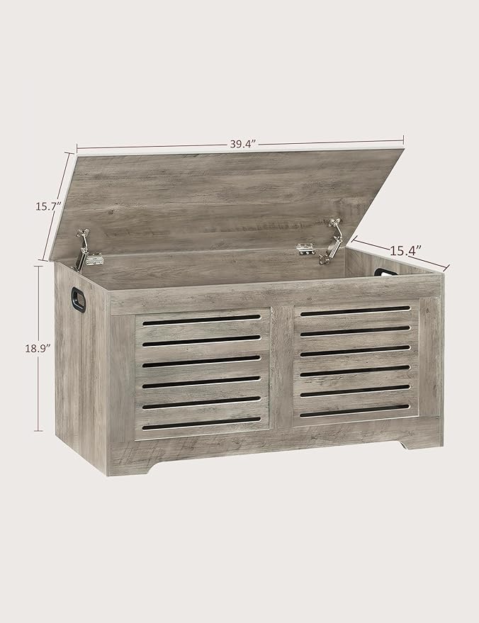 DINZI LVJ Storage Chest, 39.4âWooden Toy Box with 2 Safety Hinges, Retro Entryway Shoe Storage Bench with Flip-Top, Sturdy Large Storage Trunk for Living Room, Bedroom, Easy Assembly, Gray Wash