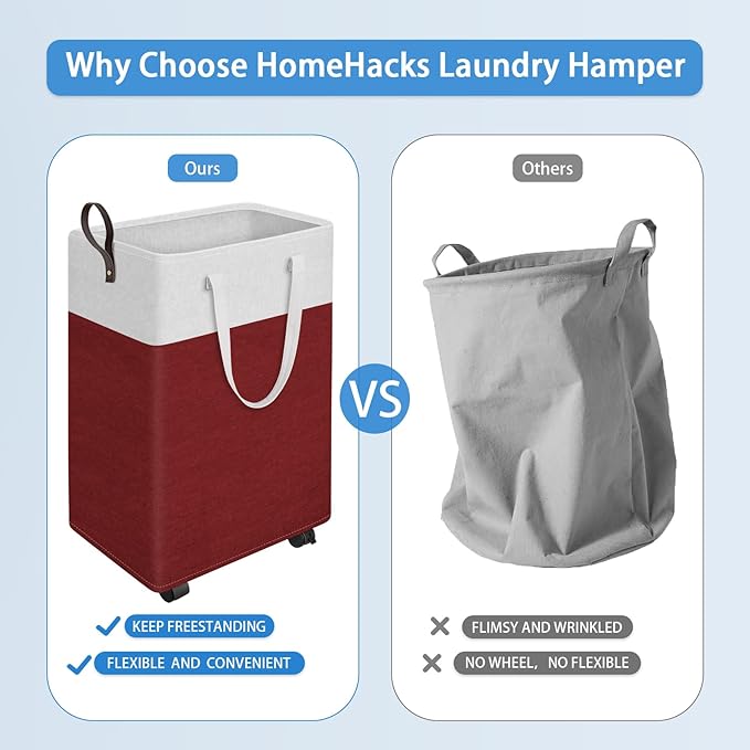HomeHacks 90L Large - Capacity Rolling Laundry Basket, Laundry Hamper with 4 Smooth Wheels, Collapsible Waterproof Clothes Basket, Freestanding Hamper with Handles for Bedroom/Dorm/Laundry Room (Red)