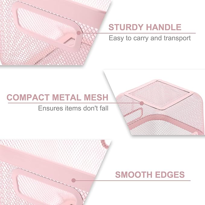 4 Pack Metal Mesh Basket with Hollow Handles Pink Wire Storage Bin for Organizing Stackable Metal Fine Mesh Basket for Pantry Bathroom Kitchen Cabinets Shelves (Medium)