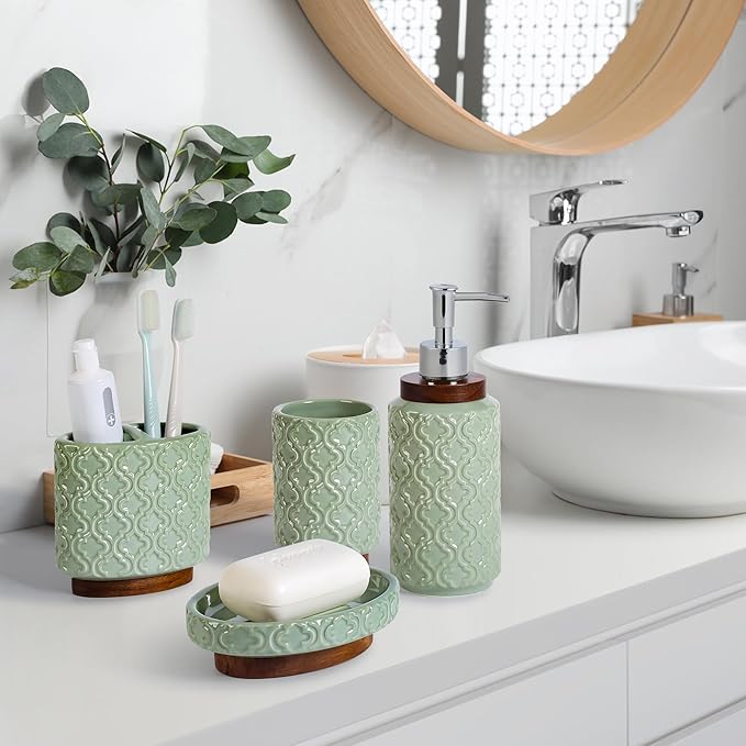 Elegant Bathroom Accessories Set 5 PCS Ceramic and Wood Bathroom Accessory Set Soap Dispenser Toothbrush Holder Tumbler Soap Dish Cotton Swab Jar Easy to Clean Quatrefoil Pattern Green