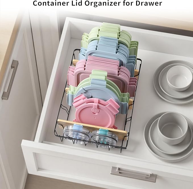 3-Pack Adjustable Lid Organizers - Large Kitchen Cabinet Organizer for Food Storage Container and Tumbler Cup Lids with 9 Bamboo Dividers - Organizers in Cabinet Kitchen/Pantry/Laundry Room