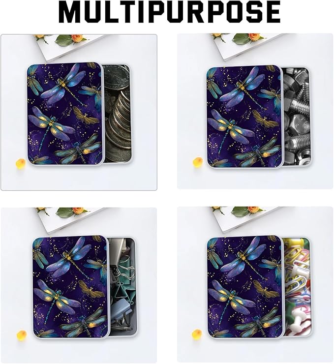 Metal Tin Box with Lid,Multi-functional Storage Large Box Can Store Tea Biscuits Game Cards, Playing & Tarot Cards-Comes with 4 Magnetic Cord Clips,Dragonflies on Purple