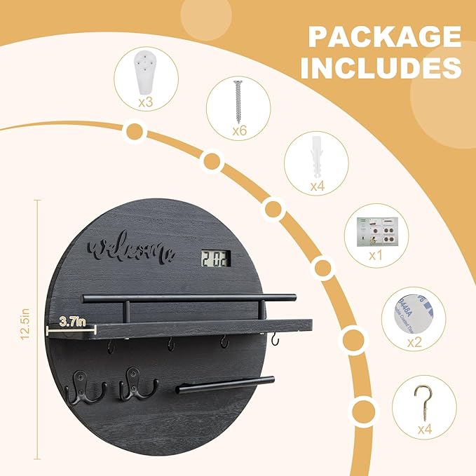 Key Holder for Wall, Key and Mail Holder Organizer with - Key Holder Wall Mount - Round Wooden Rustic Home Decor for Entryway, Mudroom, Hallway, Kitchen Office (Solid Black)