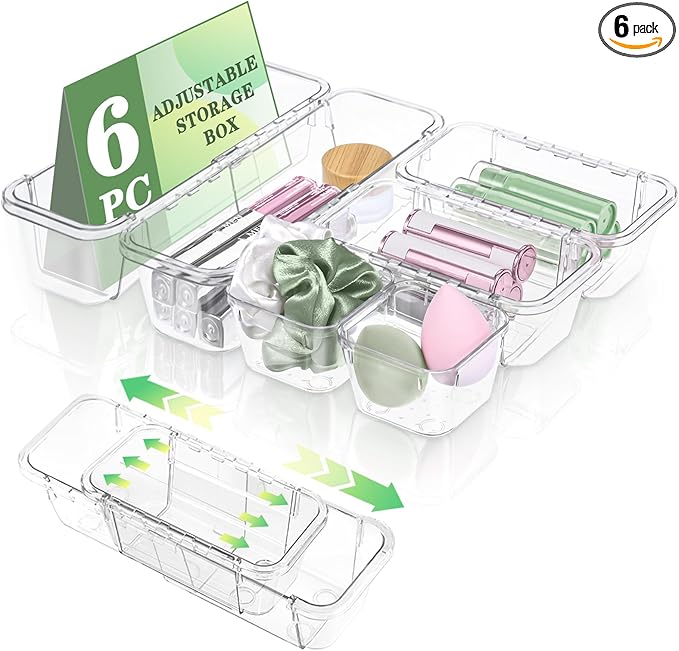 6 Pcs Clear Drawer Organizer, Adjustable Storage Bins (2 Sizes), Desk and Dresser Organizers for Makeup, Cosmetics, Kitchen Utensils, Bedroom, and Gadgets