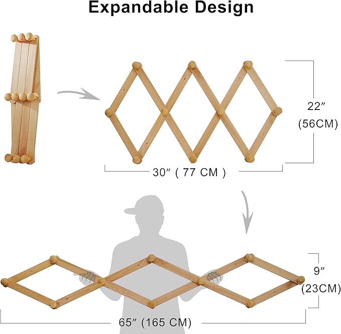 Dseap Expandable Coat Rack (Larger Version) - 24” High, Anti-Slip, Ultra Heavy Duty Wooden Accordian Wall Hanger with 10 Study Peg Hooks for Clothing Hats Jackets Bags, White
