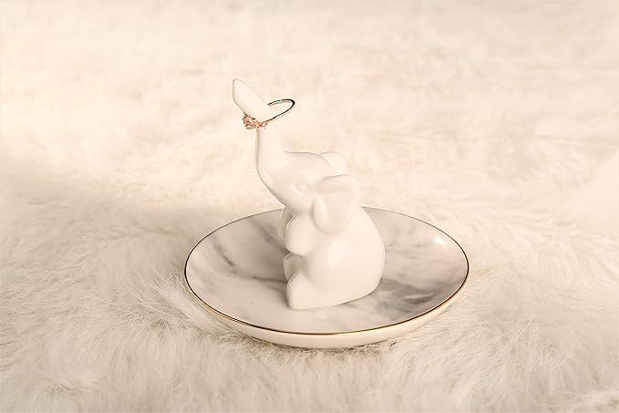 HOME SMILE White Elephant Ring Holder with Marble Pattern Dish,Elephant Gifts for Women Chritsmas