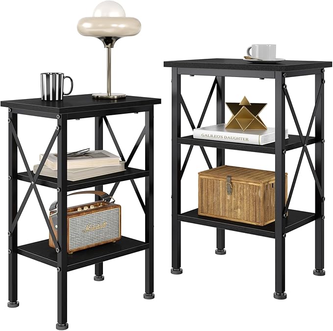 VECELO End Table, 24" Tall Wood Living Room X-Design Reinforced Side Tables, Nightstands with 3-Tier Wood Storage Shelves for Small Spaces, Office, Bathroom, Bedroom, Classic Black, 2 Pack
