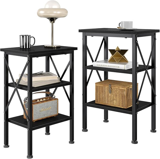 VECELO End Table, 24" Tall Wood Living Room X-Design Reinforced Side Tables, Nightstands with 3-Tier Wood Storage Shelves for Small Spaces, Office, Bathroom, Bedroom, Classic Black, 2 Pack