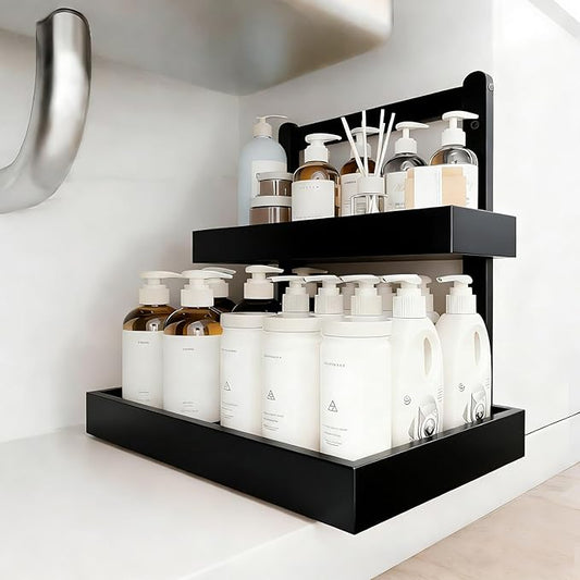 2-Tier Under Sink Pull Out Organizer, Bamboo Cabinet Storage Shelf with Adjustable Height, 9 Inch White Slide Out for Kitchen Bathroom Pantry Black
