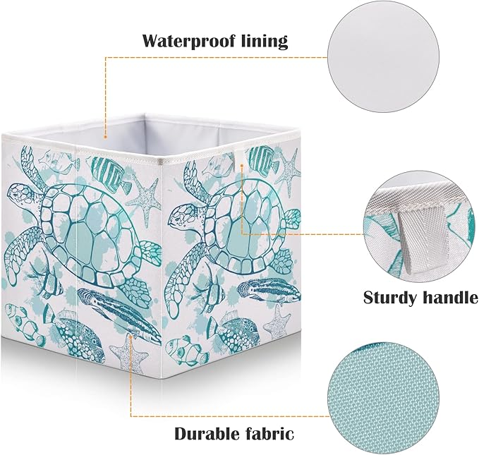 Blueangle Sea Turtle Starfish Cube Storage Bin, 11 x 11 x 11 in, Large Collapsible Organizer Storage Basket for Home Décor