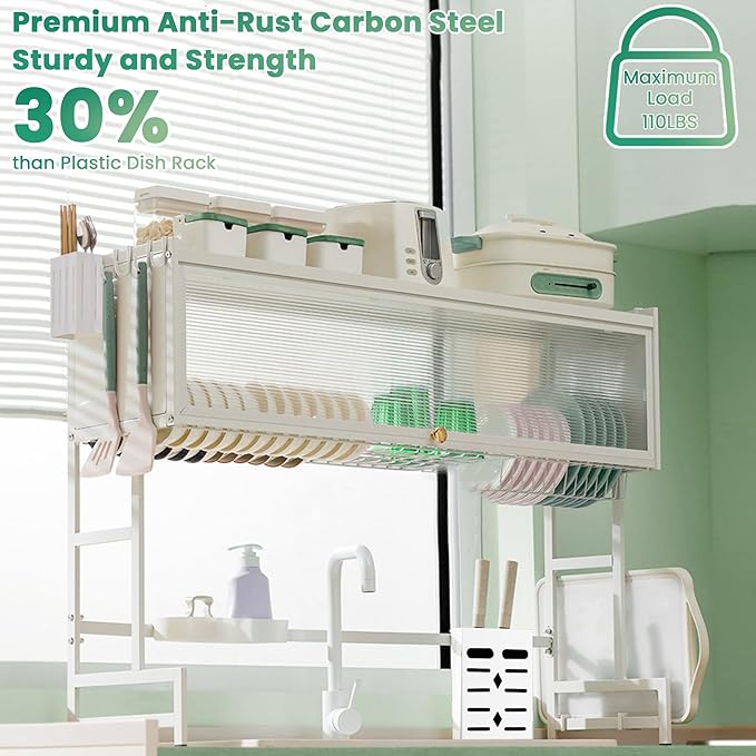 ASIEIT Dish Drying Rack, 3-Tier Over Sink Dish Drying Rack, 33.5" Sink Dish Rack for Small Kitchen, Space-Saving Sink Dish Rack with Cover, Baskets, Utensil, Large Kitchen Storage Organizer White