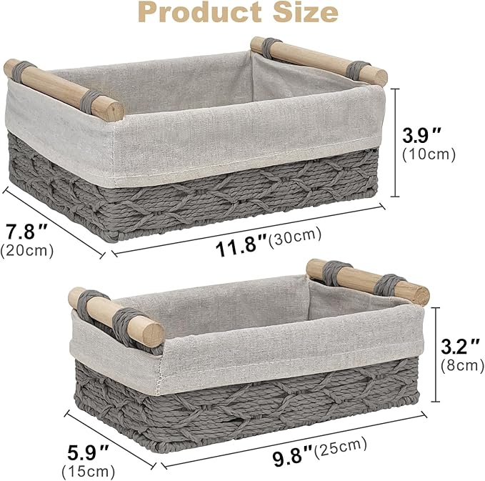 Wicker Storage Baskets with Wooden Handle, Decorative Paper Rope Organizer Bins for Home, Bathroom, or Countertop, Small Baskets Set of 2 (Grey)