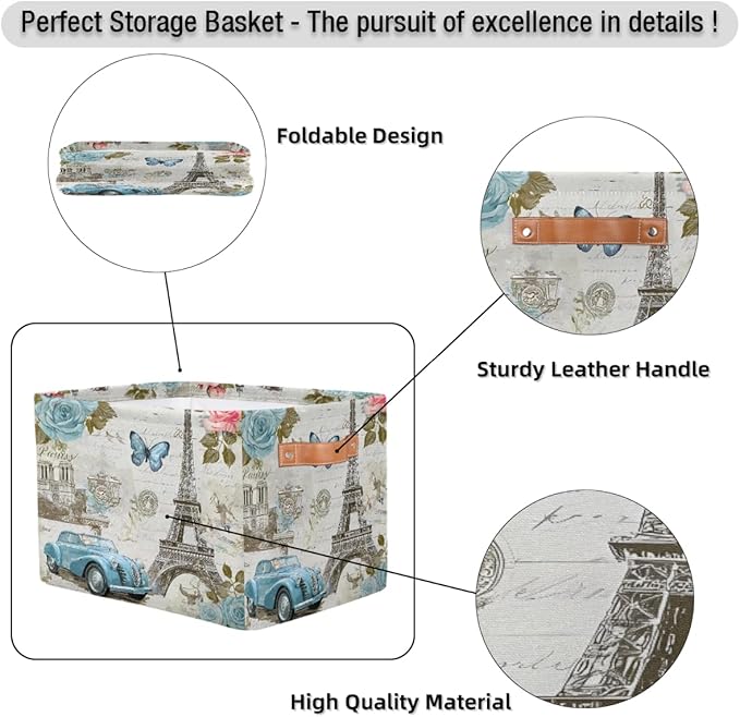 AUUXVA Storage Basket Vintage Paris Eiffel Tower Rose Flower Old Car Storage Cube Box Durable Canvas Collapsible Toy Basket Organizer Bin with Handles for Shelf Closet Bedroom Home Office