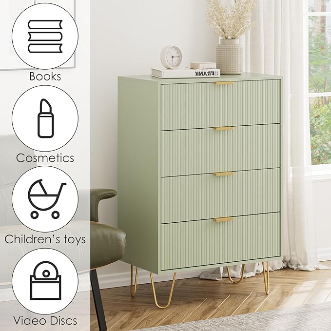 Masupu 4 Drawer Dresser, Drawer Chest, Tall Storage Dresser Chest Cabinet Organizer Unit with Gold Metal Legs, Nightstand for Bedroom, Living Room, Closet, Hallway Green Stripe