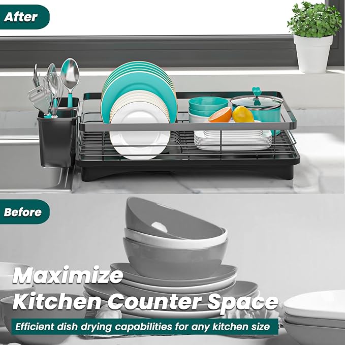 Small Dish Drying Rack for Kitchen Counter with Drainboard & Utensil Holder, Metal Dish Drainers for Kitchen with Adjustable Drain Spout, Ideal Dishes Strainers for Singles or Couples (Black)
