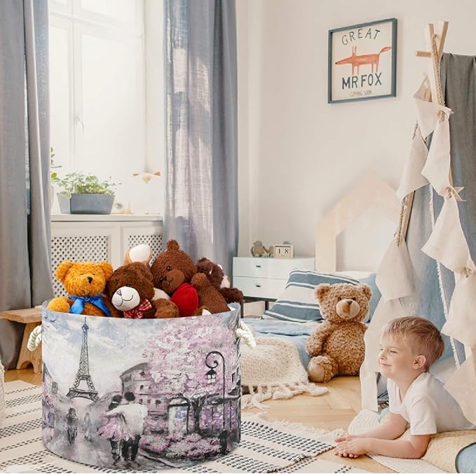 visesunny Storage Basket Oil Painting Paris Nursery Hamper Canvas Fabric Toy Storage Organizer Bin Storage Box Laundry Basket for Kid Rooms,Playroom,Shelves,Toy Basket
