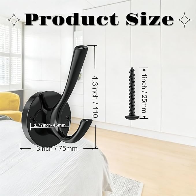2PCS Black Wall Hooks Towel Hooks, Heavy Duty Coat Hooks for Hanging Coats, Metal Towel Hooks for Bathrooms, Double Hook Wall Mounted