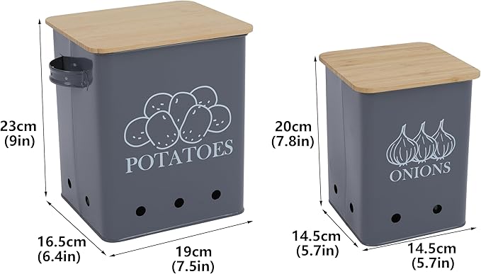 Kitchen Vegetable Storage Tins Set of 2 for Potatoes, Onion, with wooden lid Garlic Bin Caddy, Long Shelf Life-Grey