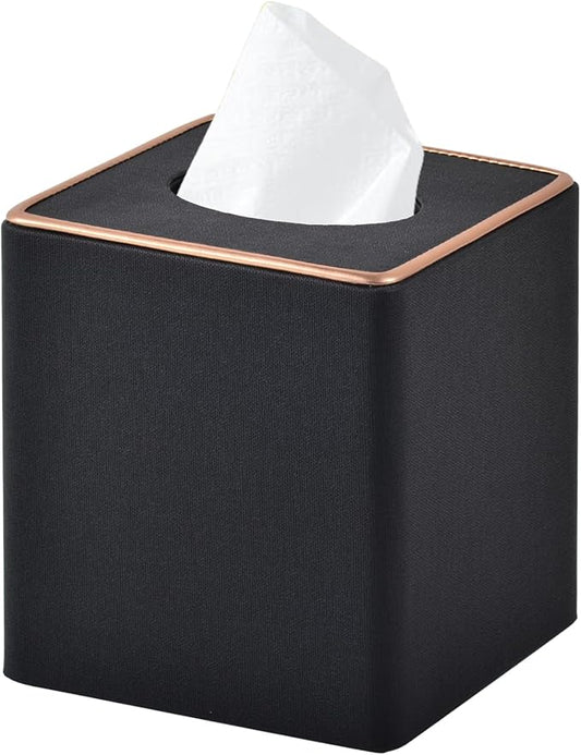 Linen Square Tissue Box Cover,Cube Tissue Box Holderï¼Excellent Rosegold Leather Decoration,Table Napkin Case Dispenser,Facial Tissues Organizer with Magnetic Bottom for Home Office Car(Black)