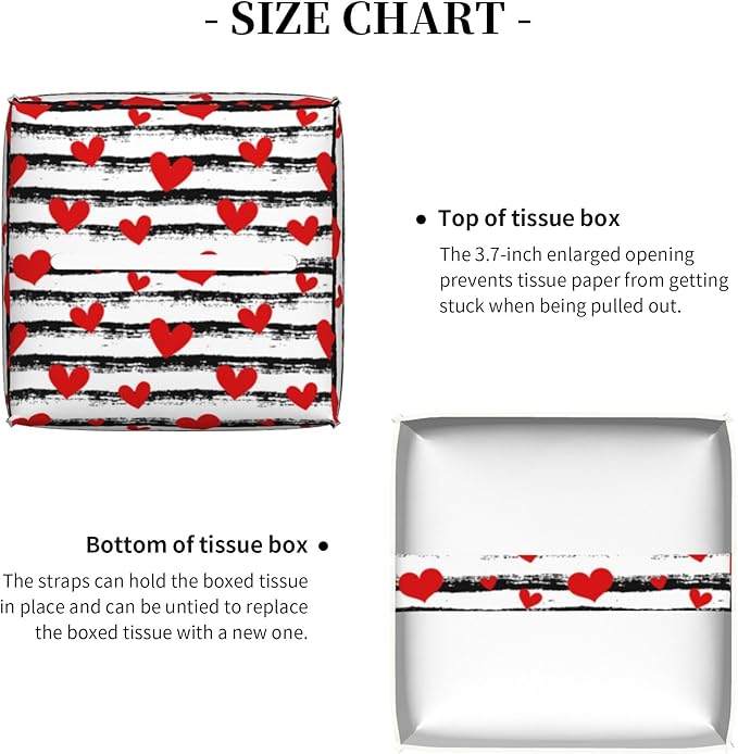 Tissue Box Holder Red Hearts on Black and White Stripes Tissue Box Cover Square Leather Tissue Holder Organizer Portable Decorative Facial Paper Case for Home Office Bathroom Vanity Countertop