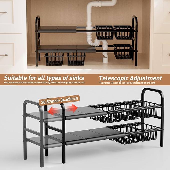 Under Sink Organizers and Storage,Detachable Panels and Baskets,Under Sink Storage,Adjustable 2 Tier Under Kitchen Sink Organizer (5 partitions)