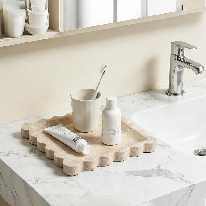 Elegant Square Marble Decorative Tray with Scalloped Edge Natural Stone Vanity Tray Organizer for Counter, Vanity, Dresser, Nightstand, Bathroom & Kitchen Sink(Beige Travertine)