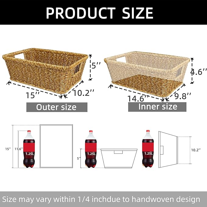 Wicker Storage Basket Water-resistant: Easy-Clean Stackable Baskets for Pantry, Kitchen,Rectangle Basket for Shelf,Tan,2-pack