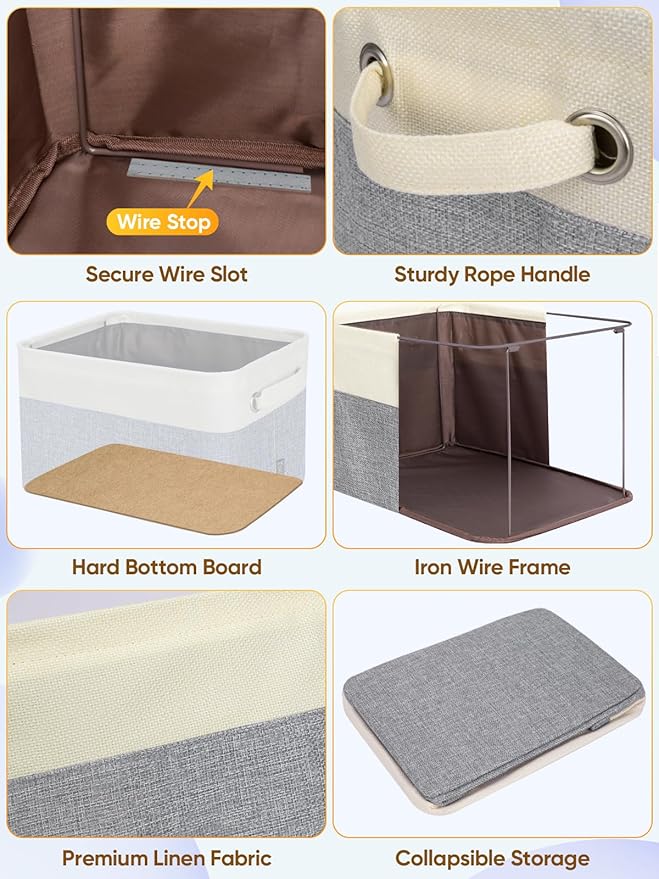 BALEINE 3 Pack Fabric Closet Storage Bins for Shelves, Linen Closet Organizers and Storage, Decorative Baskets for Organizing, Shelf, Clothes, Home, Office (Grey, 12"x8"x8")