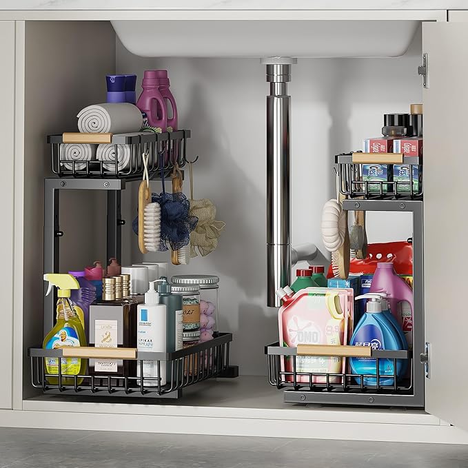 2 Pack Under Sink Organizer and Storage, Under Sink Storage for Kitchen Bathroom Cabinet, Double Pull-out Design, Height Adjustable