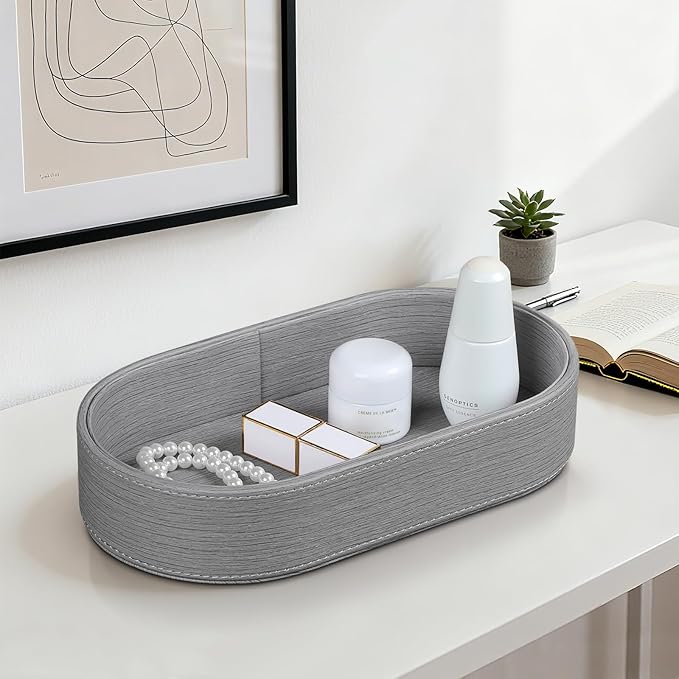 Oval Desk Valet Tray, PU Leather Perfume Dish Bowl for Keys Wallet Watch, Decorative Trinket Vanity Jewelry Tray, Entryway Nightstand Organizer Women Men (Grey)