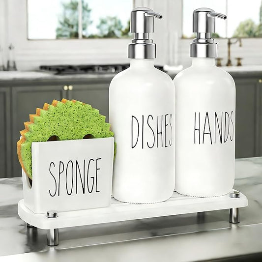Cisily Kitchen Soap Dispenser Set Comes with Ceramics Sponge Holder, Silver Pumps, and Instant Dry Tray, Hand and Dish Soap Dispenser Set Suitable for Black and Silver Kitchen Decor and Accessories