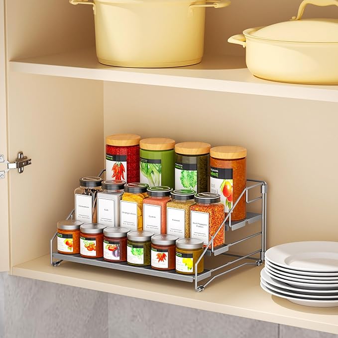 4 Tier Spice Rack for Cabinet, Spice Rack Organizer, Depth Adjustable Spice Organizer for Countertop, Cupboard, Pantry, Seasoning Shelf, Metal, Gray (1 Pack)