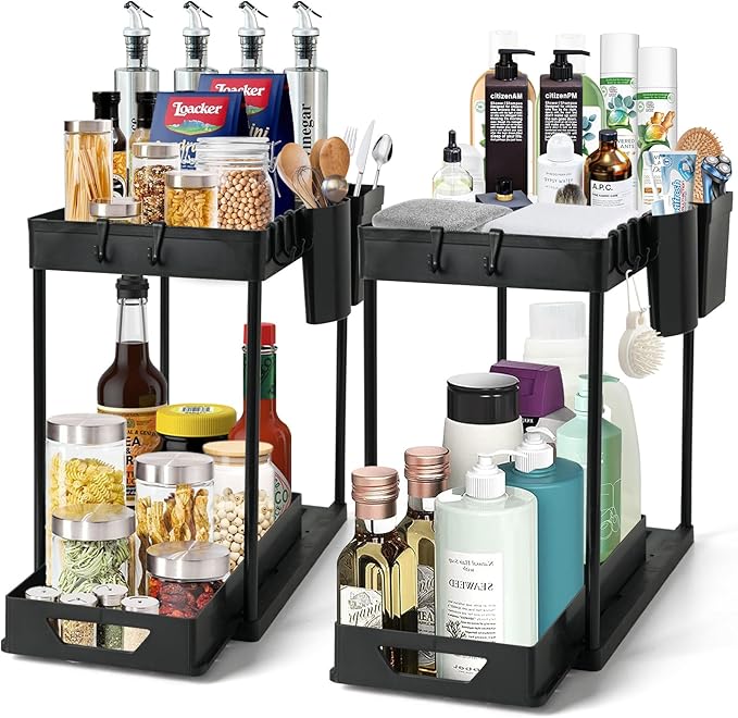 2-Pack Under Sink Organizer – 2-Tier Sliding Storage Rack for Bathroom & Kitchen, Pull-Out Under Cabinet Organizer for Bathroom Organizers and Storage (Black)