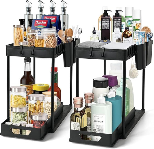 2-Pack Under Sink Organizer – 2-Tier Sliding Storage Rack for Bathroom & Kitchen, Pull-Out Under Cabinet Organizer for Bathroom Organizers and Storage (Black)