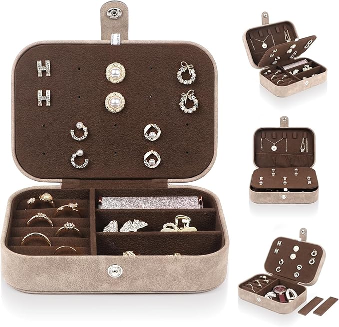 Travel Jewelry Box, Small Jewelry Organizer Boxes for Women Girls, Travel Jewelry Case Portable Jewelry Storage for Earrings, Ring, Necklaces, Bracelets - Brown