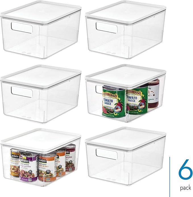 iDesign Pantry Bin with Removable Lid - Plastic Storage Bin with Handles - Set of 6, Clear/White