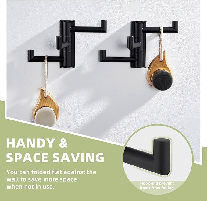 Suyar Towel Hook for Bathroom, SUS 304 Stainless Steel Swivel Coat Robe Holder with 3 Foldable Arms, Wall Hook Matte Black, 2 Pack