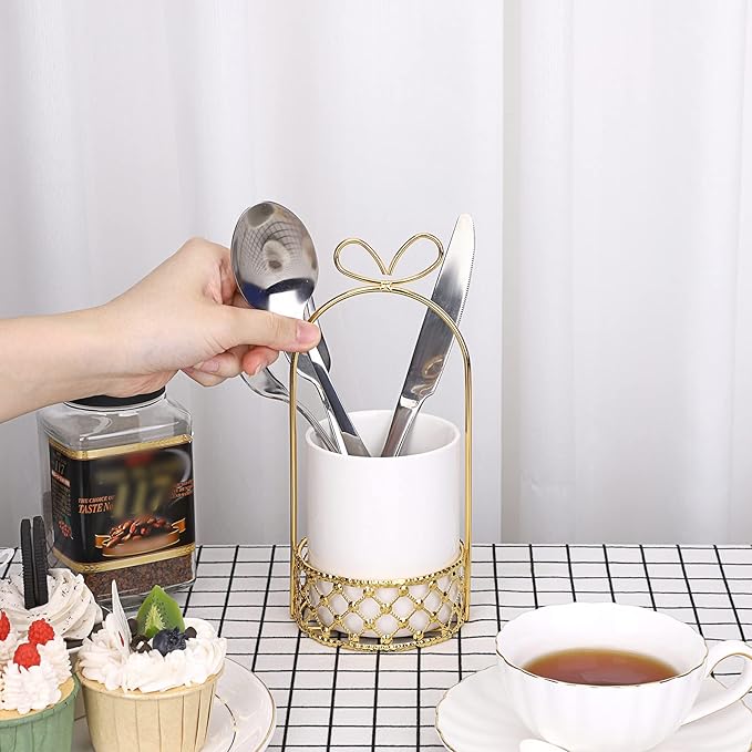 JUXYES Ceramic Silverware Holder For Tabletop, White Cutlery Holder With Golden Metal Bracket, Decorative Flatware Holder Countertop Utensil Holder Organizer for Wedding Kitchen Dining Tables